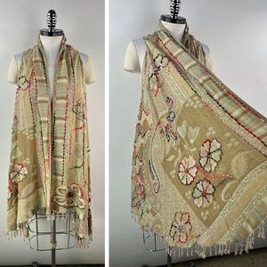 💚 3209. Boho Open Front Embroidered Yarn Vest